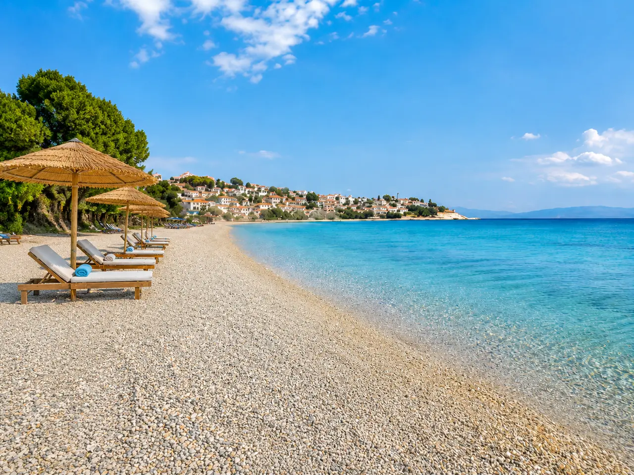 Ξαπλώστρες και ομπρέλες δίπλα στη θάλασσα.